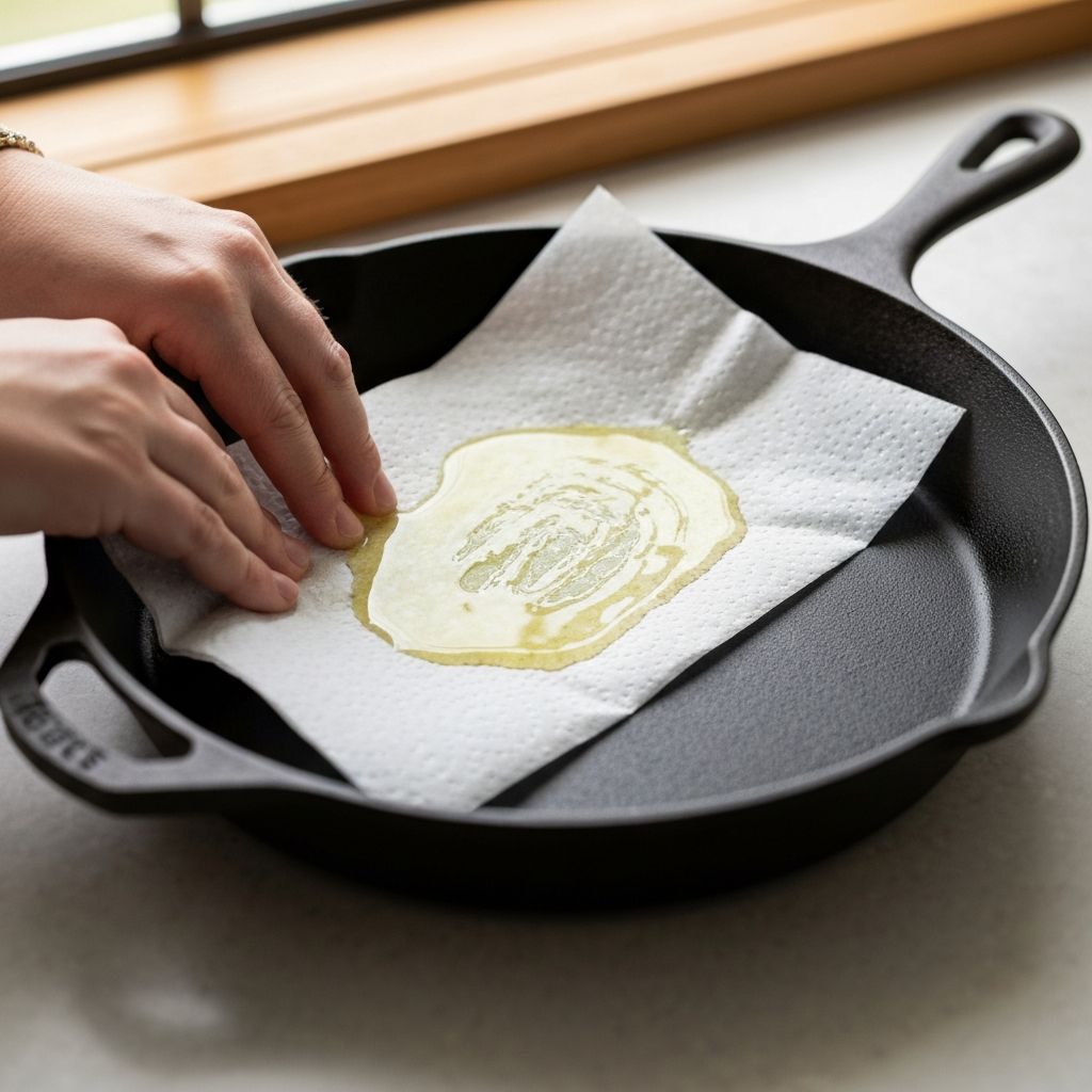 Applying thin layer of oil to Lodge cast iron skillet for seasoning